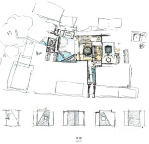 2D architectural drawing of a modern house with labeled rooms, doors, and windows, featuring clean lines and minimalistic design elements