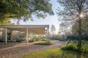 Open-air living area with a modern building featuring glass walls, potted plants, and chairs, blending indoor and outdoor spaces