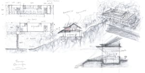 2D floor plan of a hillside house with various rooms, including a living area, kitchen, and bedroom, with trees in the background