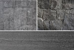 Image of a stone wall with different textures and patterns, showcasing its cement block and rustic appearances, and intricate details