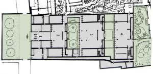 Architectural drawing of a modern open-plan living space with multiple rooms, walls, doors, windows, furniture, and people
