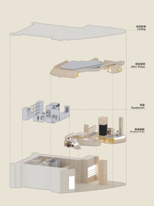 A construction site with various buildings in different stages of completion, showcasing wood and concrete materials, and featuring people working or observing the progress