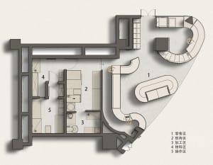 Black and white floor plan of a modern home with clear divisions between rooms, featuring wood materials and suggesting natural light through windows