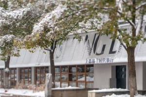 A serene Asian building covered in snow with a large white sign on its side, set against a snowy background