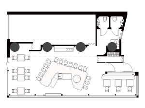 2D floor plan of a restaurant or office space with various seating arrangements and dining tables