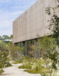 A modern building with a wooden exterior and a large glass wall, surrounded by potted plants, creating a natural and pleasant atmosphere