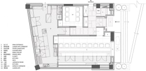 Modern open-plan dining kitchen with commercial sinks, modern furniture, and efficient use of space