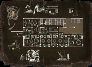 2D floor plan of a building with various rooms, kitchen area, walls, doors, windows, and possibly furniture