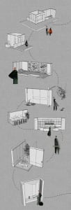 Architectural drawing of a modern residential interior with multiple rooms, including a dining area, kitchen, and living room, featuring various furniture and occupants