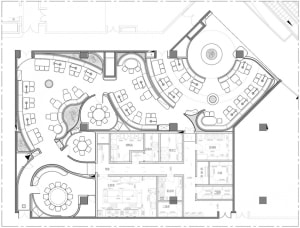 A modern floor plan with white walls, open areas, and well-defined spaces
