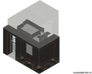 Black structure with rooftop terrace, dining tables, chairs, and benches in a restaurant-style interior