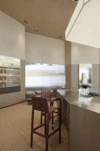 Modern restaurant interior with a large countertop, couches, and decorative elements