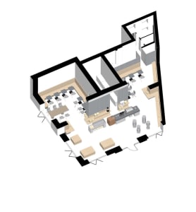 2D floor plan of a modern office space with open areas and smaller rooms, featuring white materials and clean lines