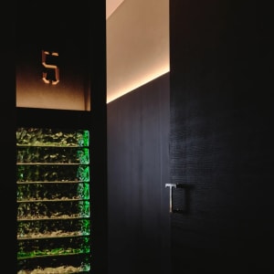 A dark bathroom with two green glass doors and a black doorway leading to the space