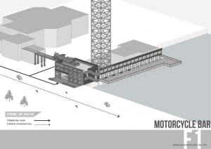 A modern building with a gray and white facade, featuring a large tower and two motorcycles parked outside, set in a contemporary and stylish urban environment