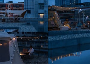Four different nighttime outdoor settings feature people sitting on chairs under canopies, enjoying their time together