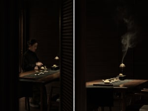 A woman sits at a wooden dining table with chairs and a bowl, enjoying a meal in one scene, and preparing food in the other, in a cozy and intimate setting