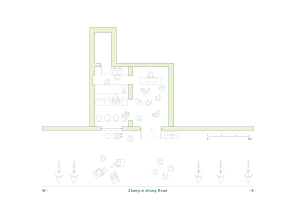 A modern hotel floor plan with various rooms and spaces labeled, featuring a ground level and upper floors, with clean lines and minimalistic design elements