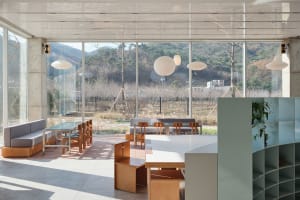 Modern restaurant interior with wood flooring, glass walls, and numerous dining tables and chairs