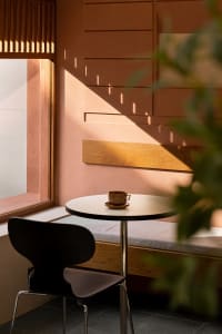 Dining area with two chairs and a small round table, surrounded by a pink wall and natural light from a window