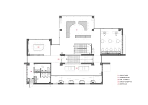 2D floor plan of a modern hotel with clean lines, minimalistic elements, and various rooms including a lobby, dining area, and bar
