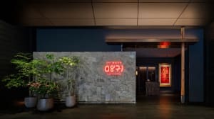 Elegant hotel lobby with a large stone wall featuring red lettering, surrounded by potted plants and inviting ambiance