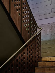 A rendered image of a staircase leading to a second floor with worn wooden steps and holes in the surface, suggesting age and history