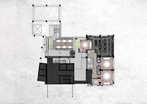 2D floor plan of a modern building with a mix of residential and commercial areas, featuring clean lines, minimalistic design, and predominantly concrete and glass materials
