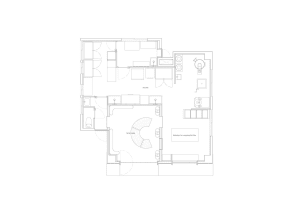 Architectural drawing of a modern house with multiple levels, featuring a living area, dining area, kitchen, and bedrooms