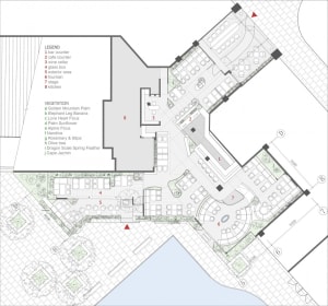 2D floor plan of an office space with multiple seating areas, chairs, dining tables, and potted plants, showcasing organization and functionality