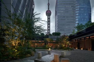 A modern building with a glass facade, surrounded by trees, creating a calm and inviting atmosphere