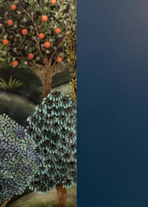 A colorful painting of a tree in front of a blue wall, surrounded by flowers and foliage