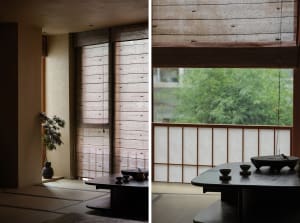 A warm and inviting home environment with wooden walls, a dining area, and a table surrounded by chairs and multiple bowls