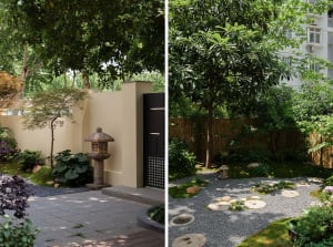 A well-maintained outdoor area with trees, a building, potted plants, benches, a birdhouse, and decorative bowls, creating a pleasant and inviting atmosphere