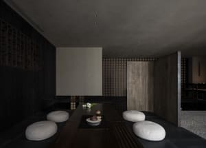 A calm and inviting dining space with a wooden table, chairs, vases, and potted plants
