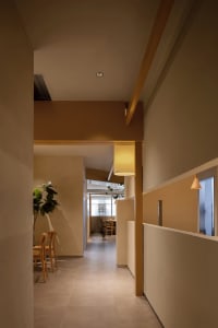 Modern dining space with concrete walls, potted plants, and warm lighting from lamps