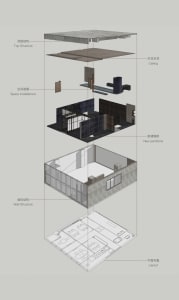 A 2D architectural drawing of a modern house with various rooms, walls, doors, windows, and furniture pieces, showcasing the building's design and layout