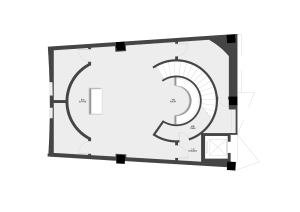 Empty white room with a circular design on the floor, giving a clean and minimalist appearance