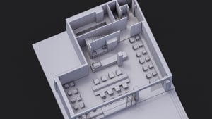 2D floor plan of an office space with multiple chairs and dining tables, featuring a modern workspace design