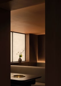 A darkly lit room with sunlight entering through a window, featuring two benches and a vase with flowers on a surface near the center, creating a cozy and inviting atmosphere