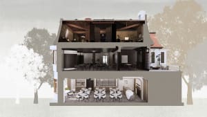 A modern hotel dining area with multiple tables and chairs, surrounded by potted plants and a sophisticated atmosphere