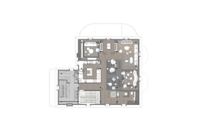 Architectural rendering of a large house with various rooms and a mix of styles, well-lit with natural and artificial light