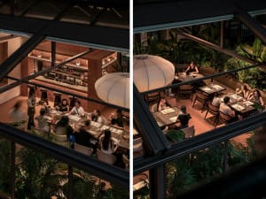 A modern restaurant with white chairs and tables, potted plants, and cups on tables, creating an inviting atmosphere for socializing and dining