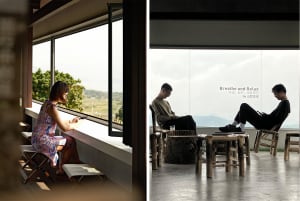 Indoor living area with three people conversing, and outdoor seating area with a woman and a bench near a window