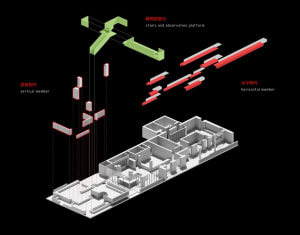2D floor plan of a modern building with clean lines, minimalistic design, and neutral colors, featuring various rooms and connections