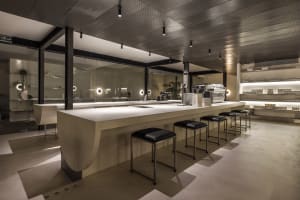 Industrial kitchen with a long stainless steel countertop bar, stools, chairs, and a potted plant, set in a modern and functional space