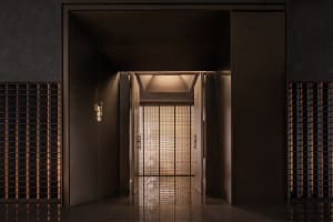 A well-lit entrance hallway with a glass front door, wood paneling on the walls, and a modern aesthetic