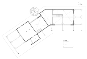 A modern and minimalist floor plan with labeled rooms, stairs, doors, and windows, possibly in black and white
