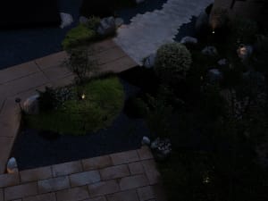 a serene outdoor garden with a paved walkway surrounded by plants, rocks, and potted plants, with small lights adding ambiance