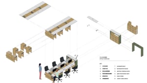 A modern office space with rows of desks, chairs, and computer monitors, suggesting a functional and organized workspace